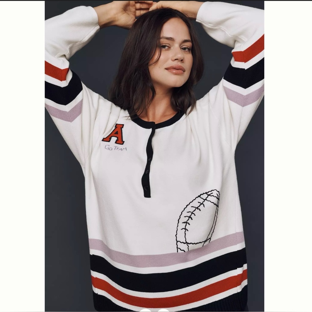 Daily Practice Go Team Embroidered Long Sleeve Henley Top Oversized Size S NWT
